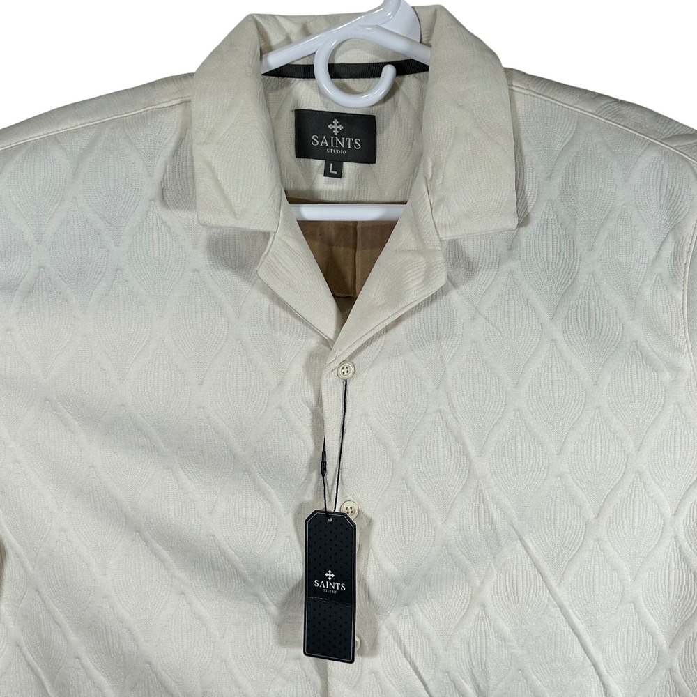 Saints Studio Mens Textured Diamond Knit Camp Collar Shirt Ecru Large New